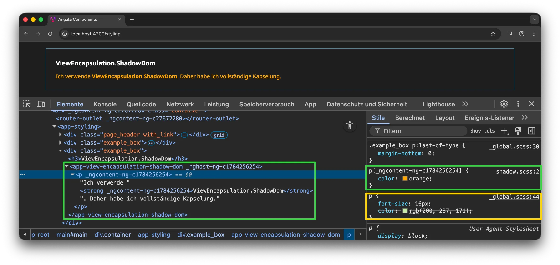 Angular Component Styling - ViewEncapsulation.ShadowDom - Quelltext