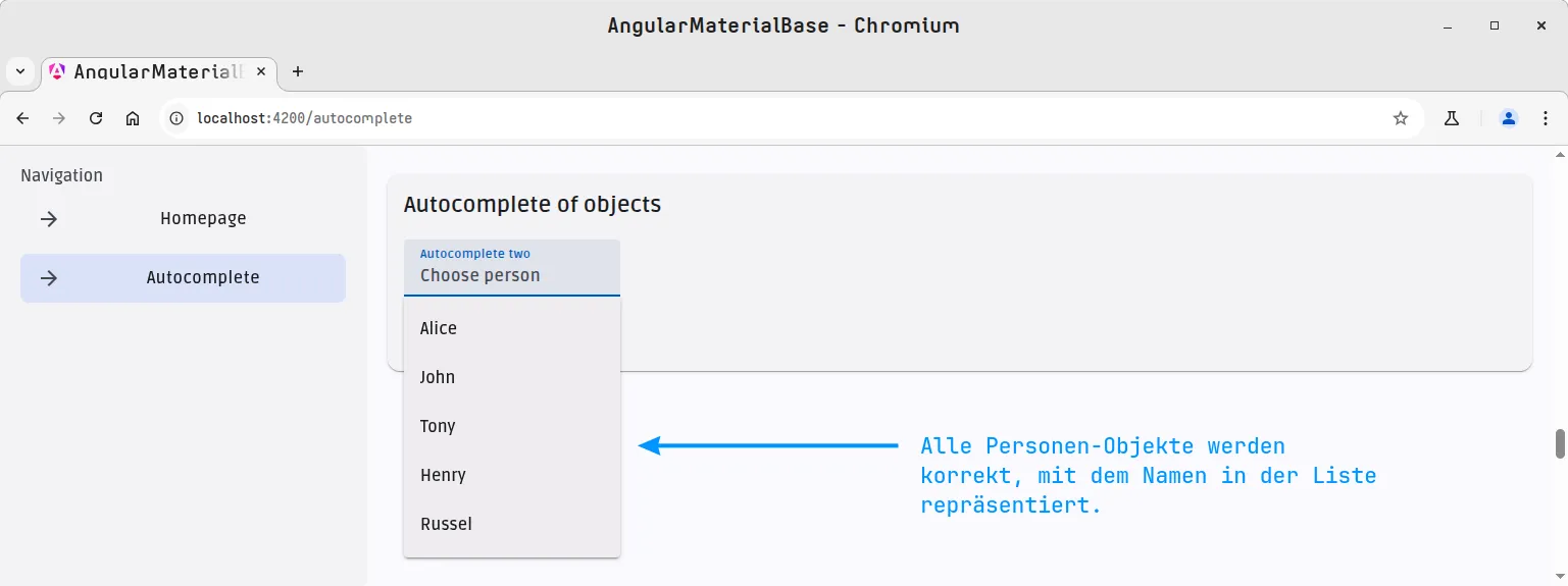 Angular Material Component - Autocomplete - Objekt Liste