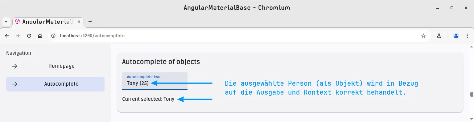 Angular Material Component - Autocomplete - Ausgewähltes Objekt Anzeige