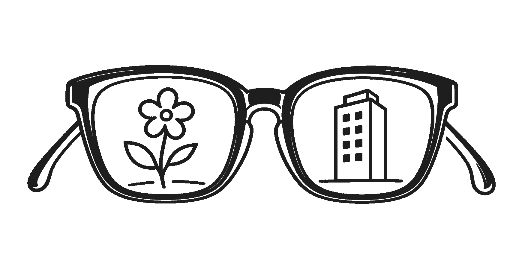 Gel-Pen-Zeichnung einer Brille: Im linken Glas erscheint eine Blume, im rechten ein Hochhaus.