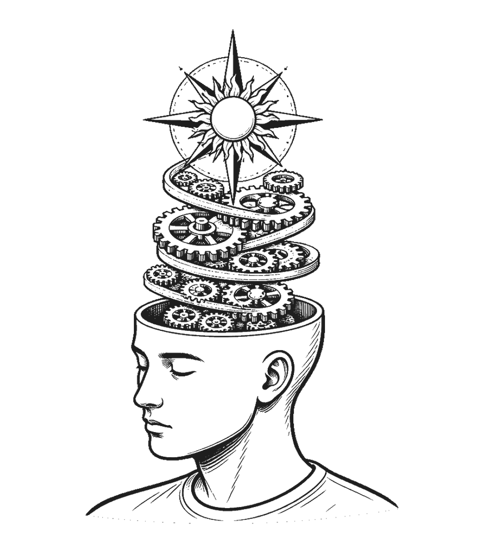 Monochrome Gel-Pen-Zeichnung eines offenen Menschenkopfes, aus dem ein spiralförmiges Zahnradwerk zu einer Sonne mit Kompassrose aufsteigt.
