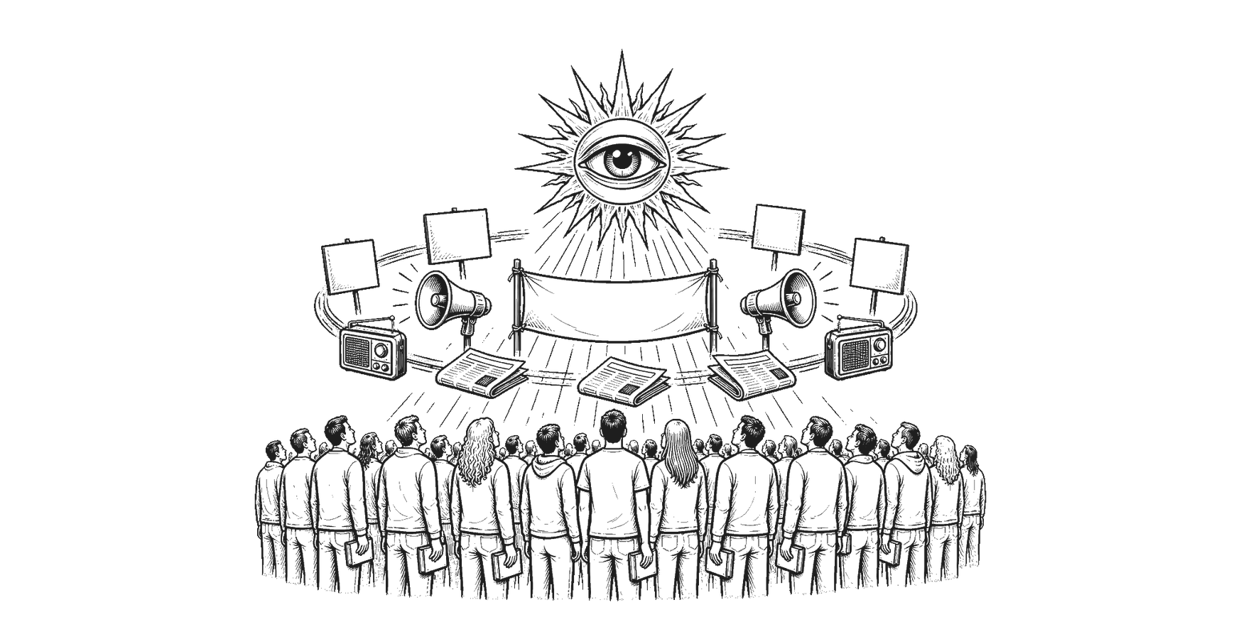 Monochrome Gel-Pen-Zeichnung einer Menschenmasse mit Büchern, die zu einer Auge-Sonne blickt; Plakate, Banner, Radios, Zeitungen und Lautsprecher bilden dazwischen einen Kreis.
