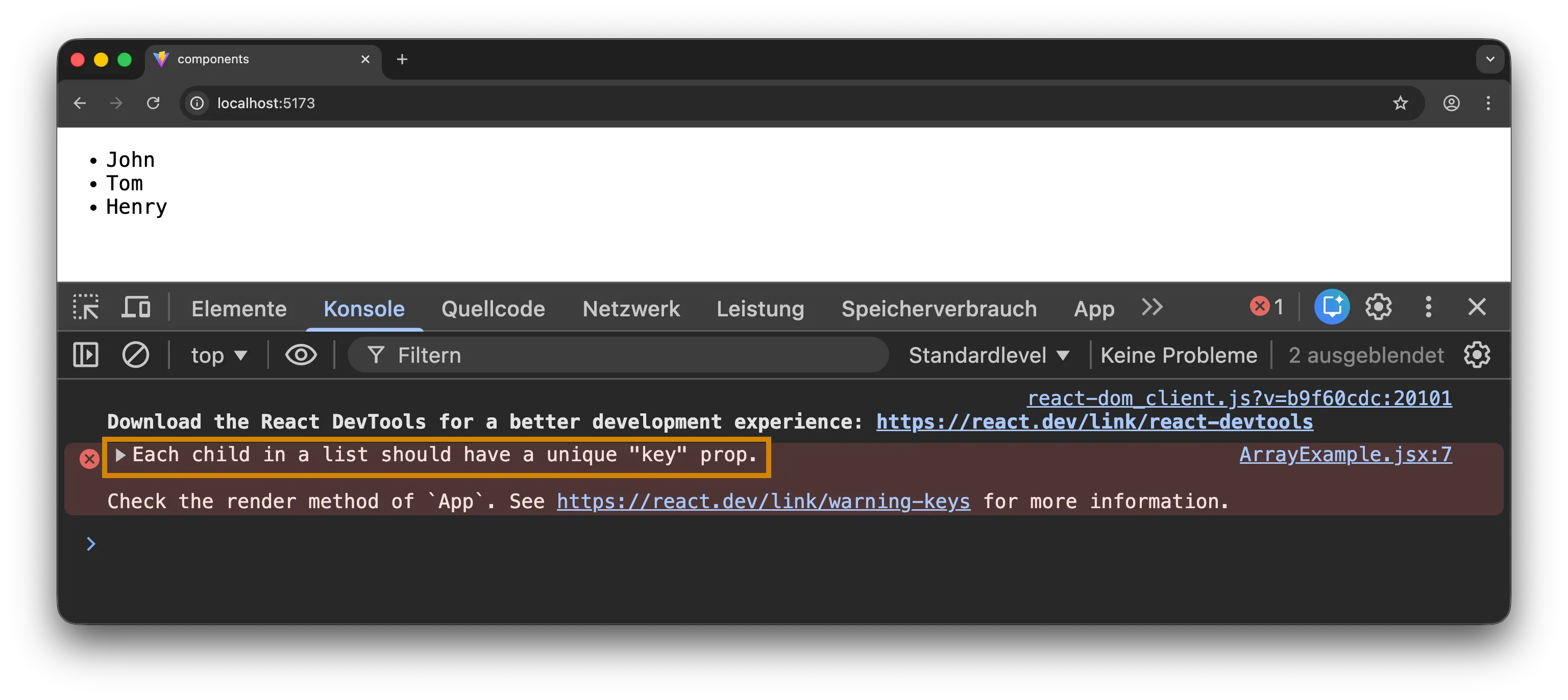 React Component - Warnung - Fehlender Schlüssel