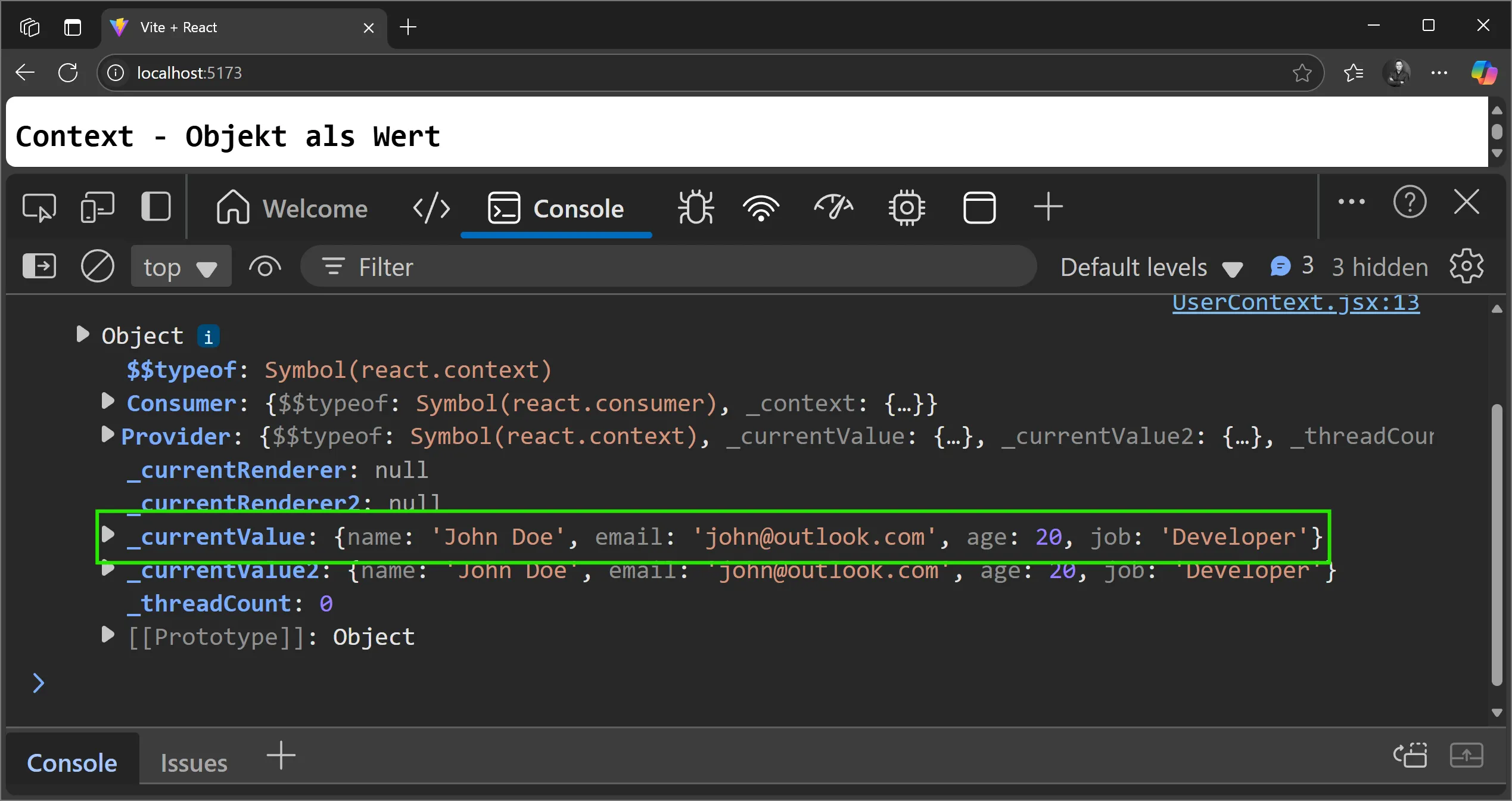 React Context - Objekt als initialer Wert - Ausgabe in der Konsole