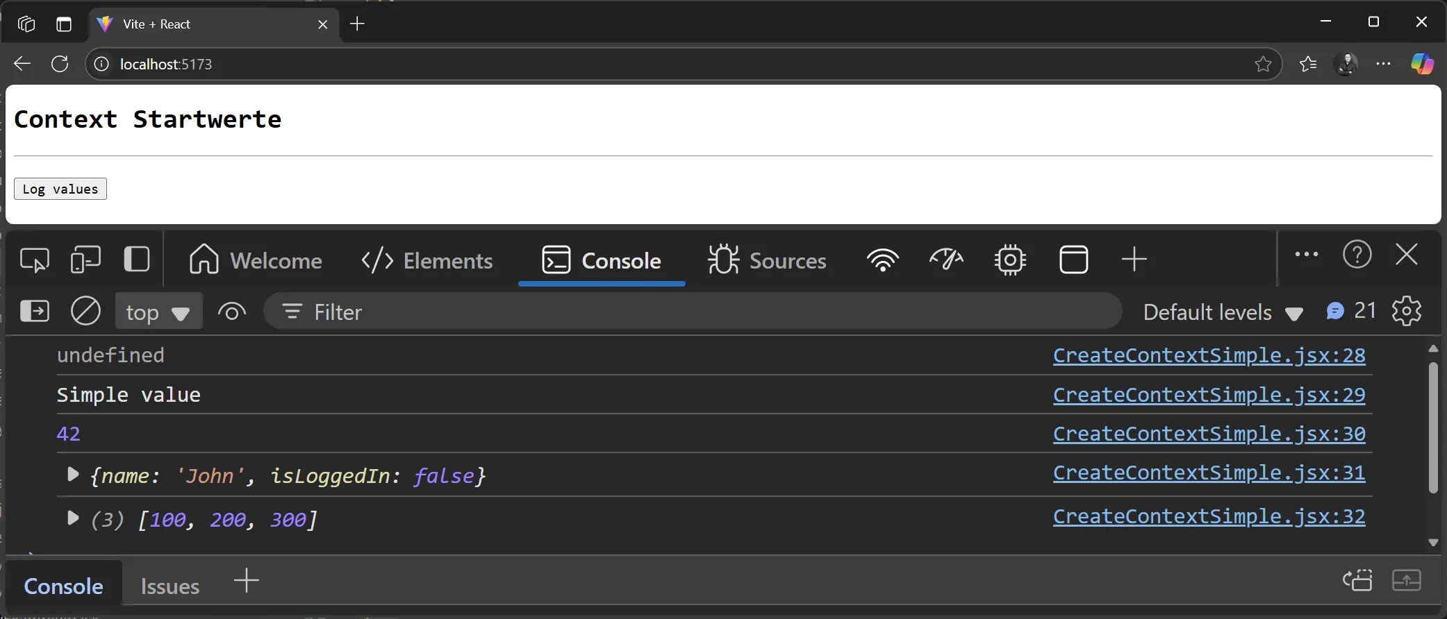 React Context - Beispiele mit initialen Werten als Log-Ausgabe
