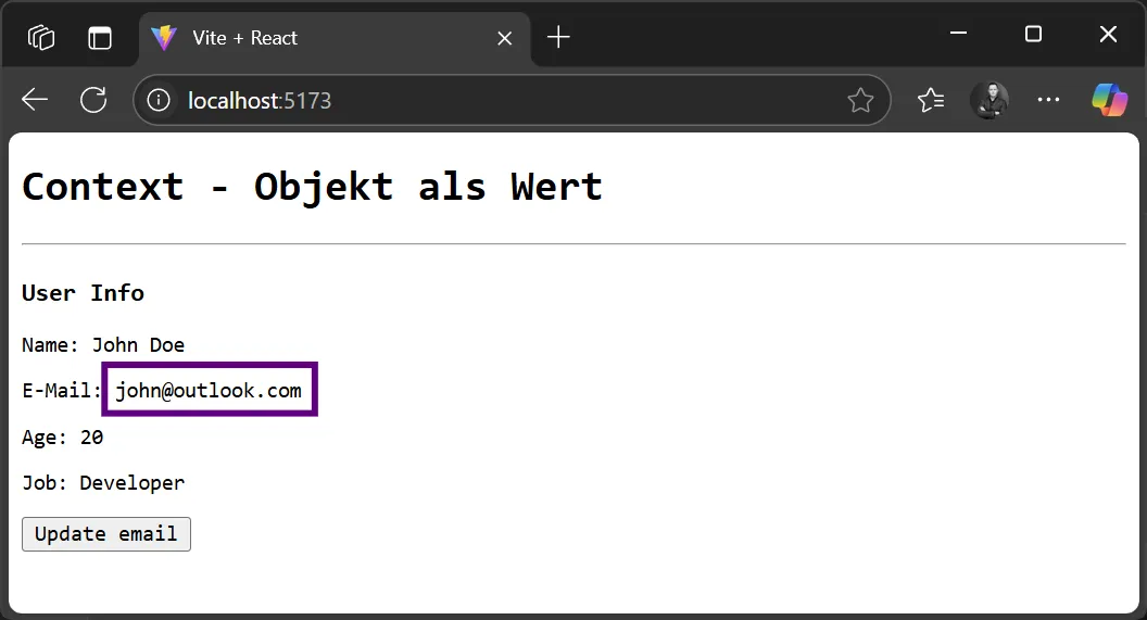 React Context Objekt - Beispiel mit initialen Daten