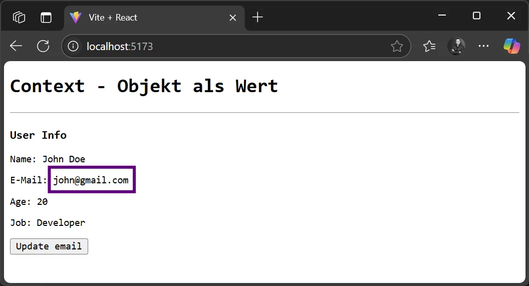 React Context Objekt - Beispiel mit aktualisierten Daten