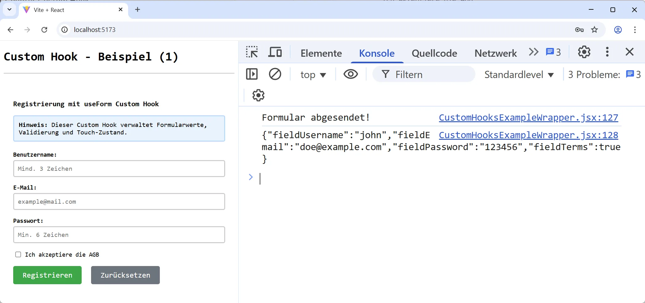 React Custom Hook - Beispiel Verwendung mit Formular