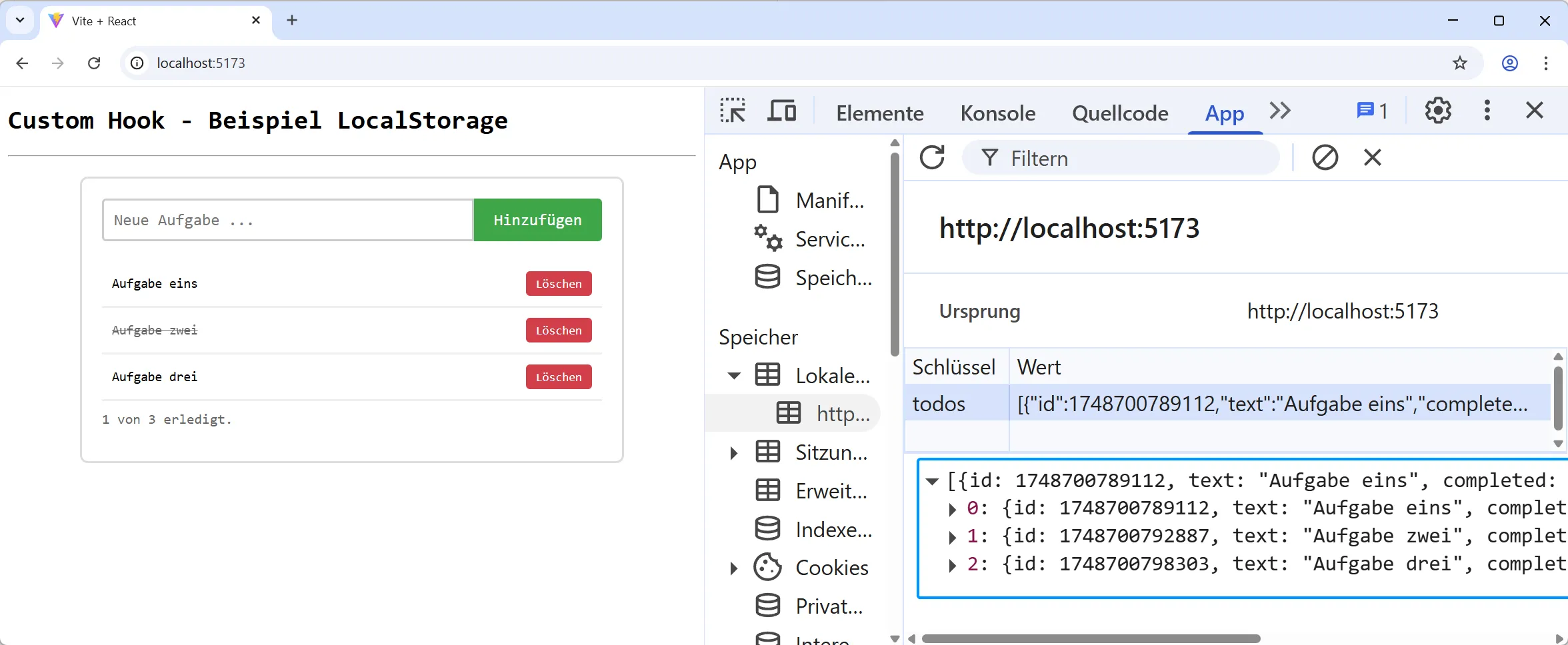 React Custom Hook - Beispiel localStorage und Todo App