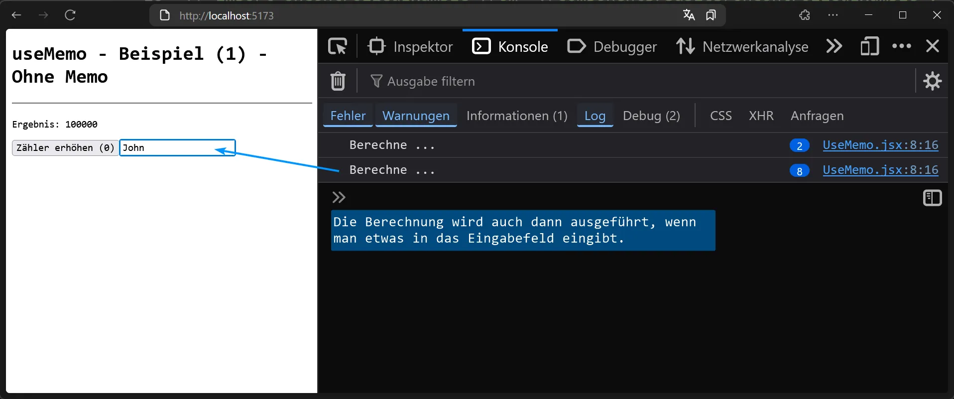React Hook - useMemo() - Beispiel 1 ohne useMemo