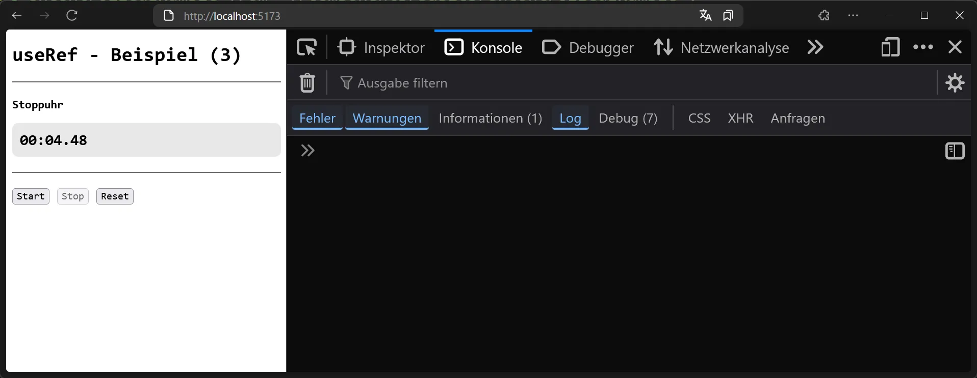 React Hook - useRef - Ergebnis des Beispiels mit Timer