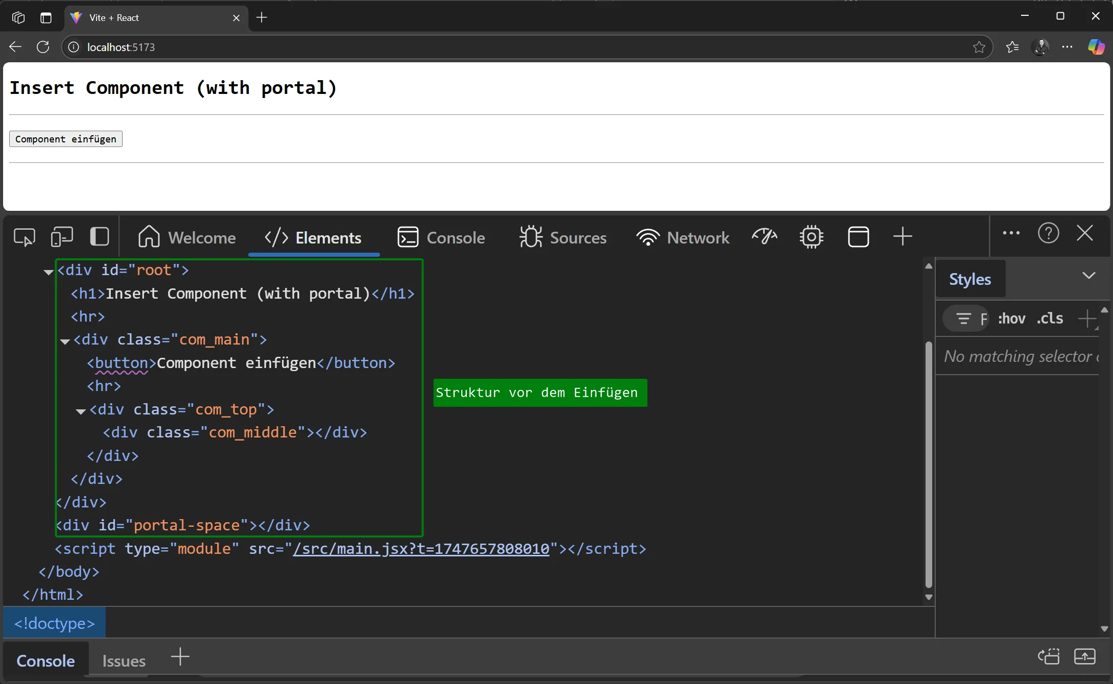React Portals - Beispiel mit Portal - Struktur vor dem Einfügen des Components