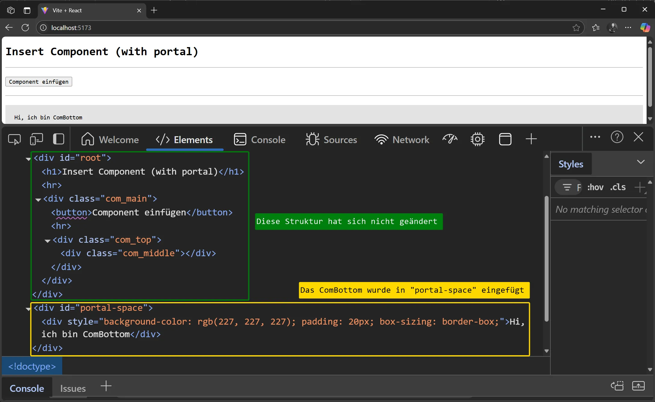 React Portals - Beispiel mit Portal - Struktur nach dem Einfügen des Components