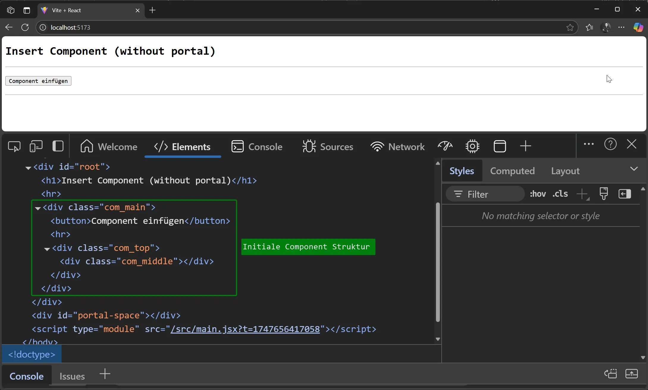 React Portals - Beispiel ohne Portal - Struktur vor dem Einfügen des Components