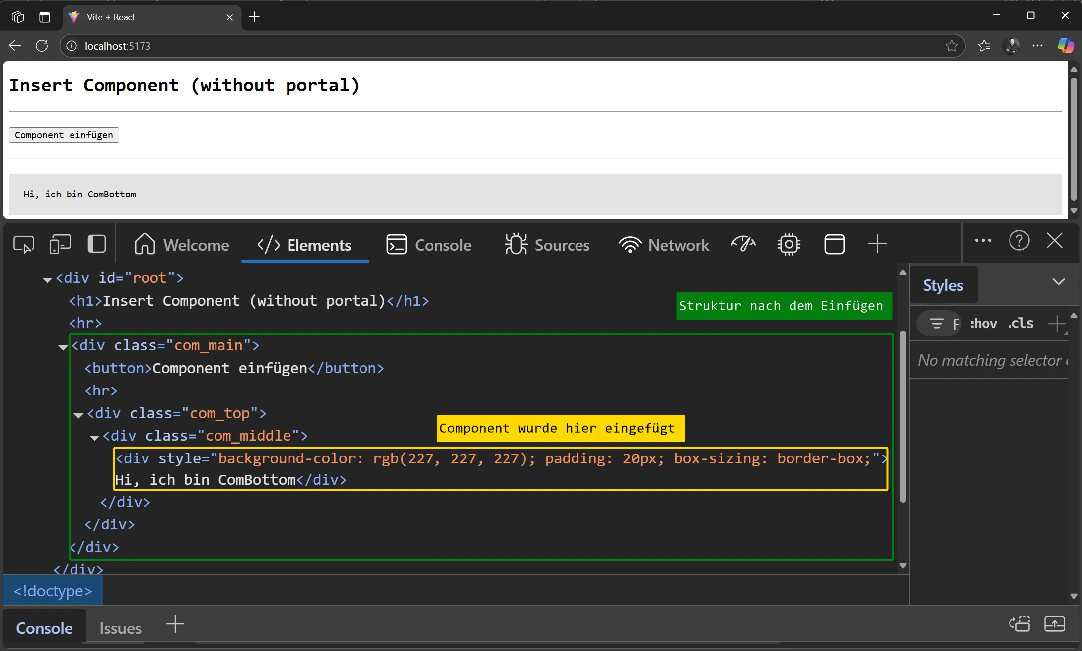 React Portals - Beispiel ohne Portal - Struktur nach dem Einfügen des Components