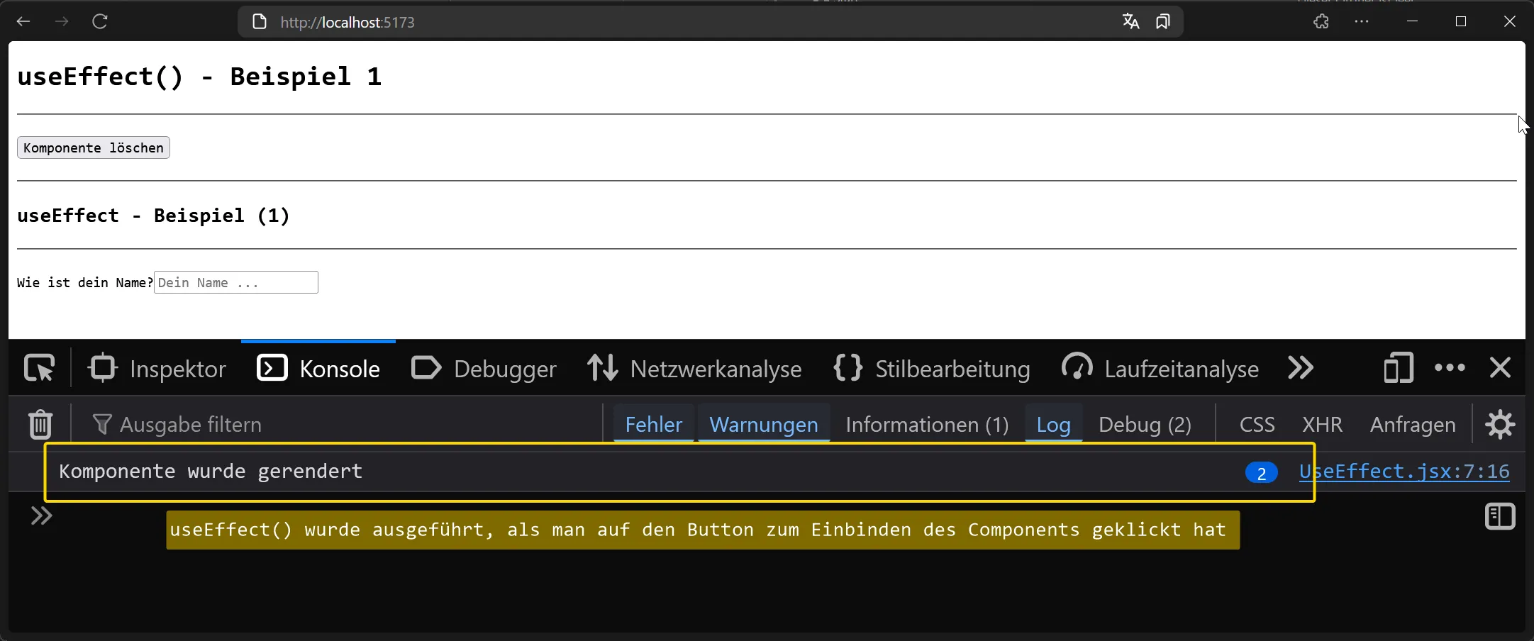 React Hooks - useEffect - Bild zeigt Ausführung beim Einbinden des Components