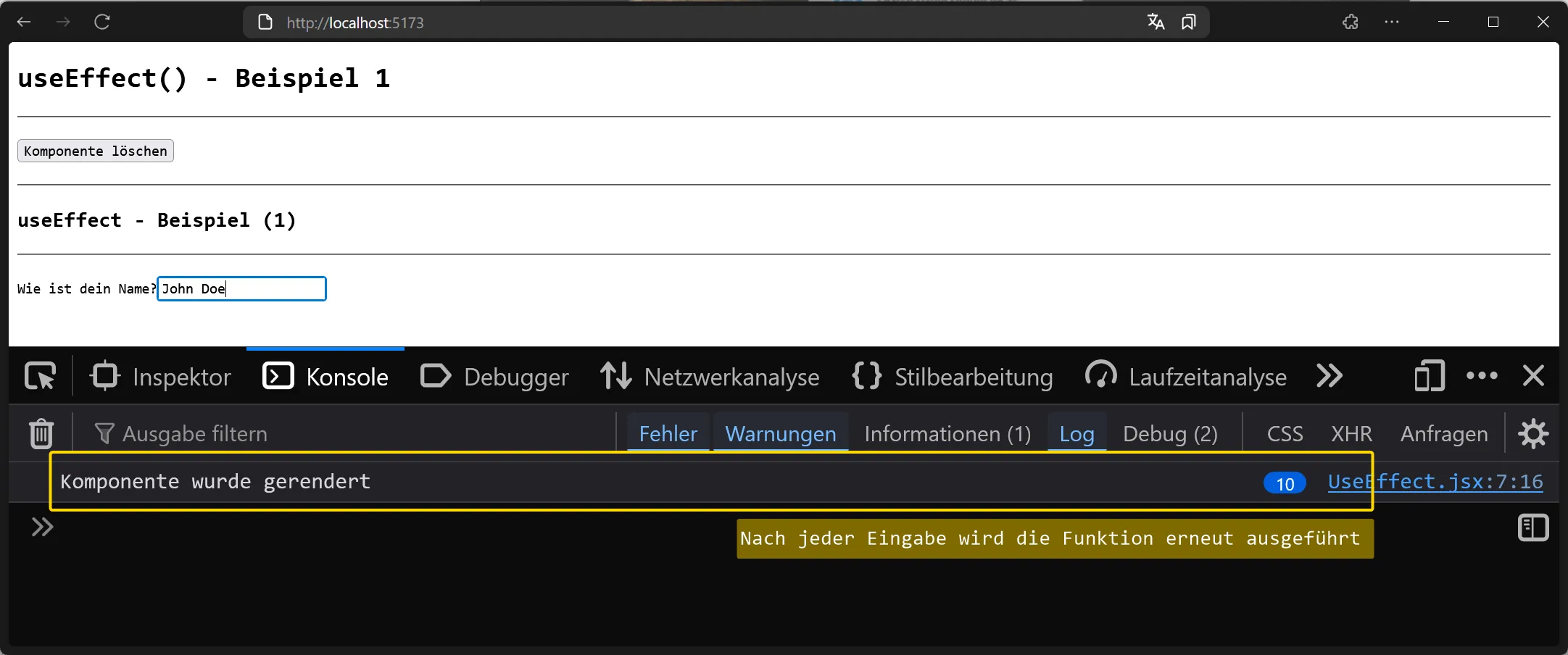 React Hooks - useEffect - Bild zeigt Ausführung nach Änderung von Daten