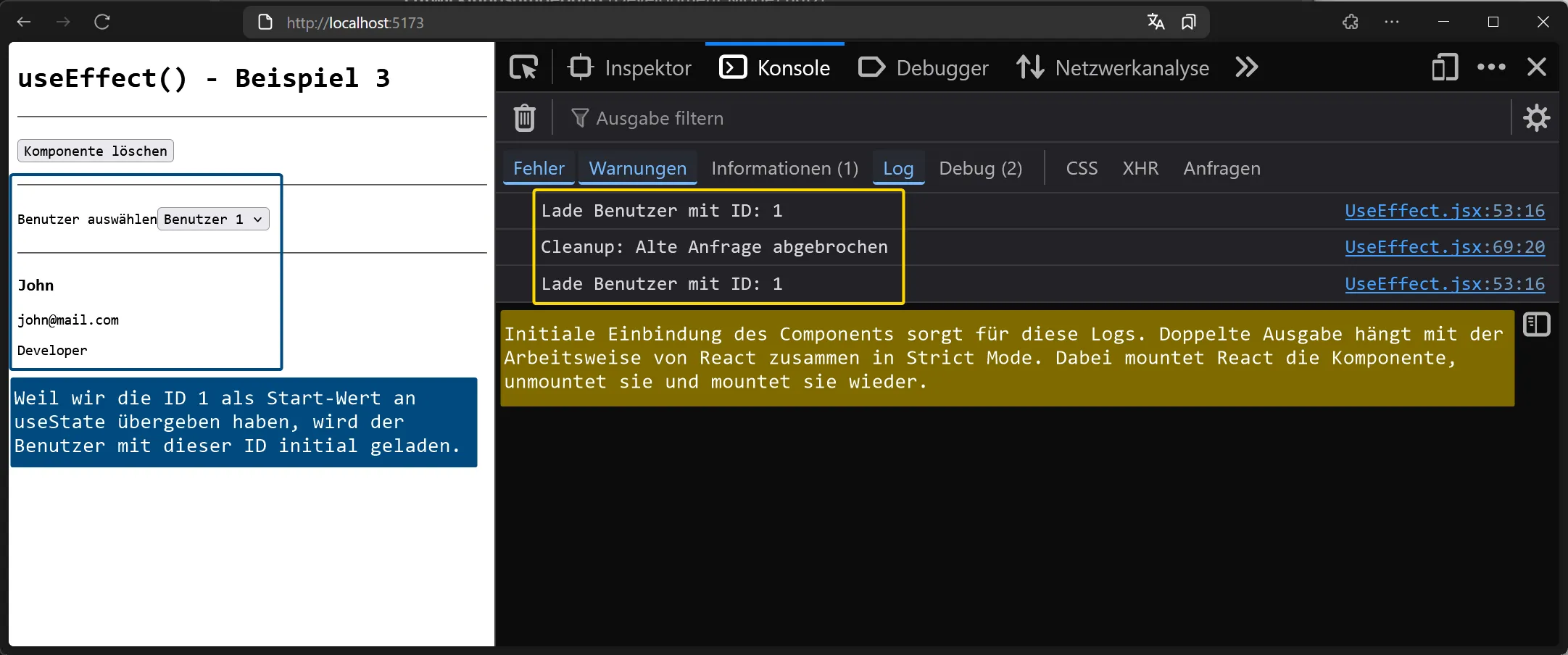 React Hooks - useEffect - Beispiel - Verwendung mit Abhängigkeit 1