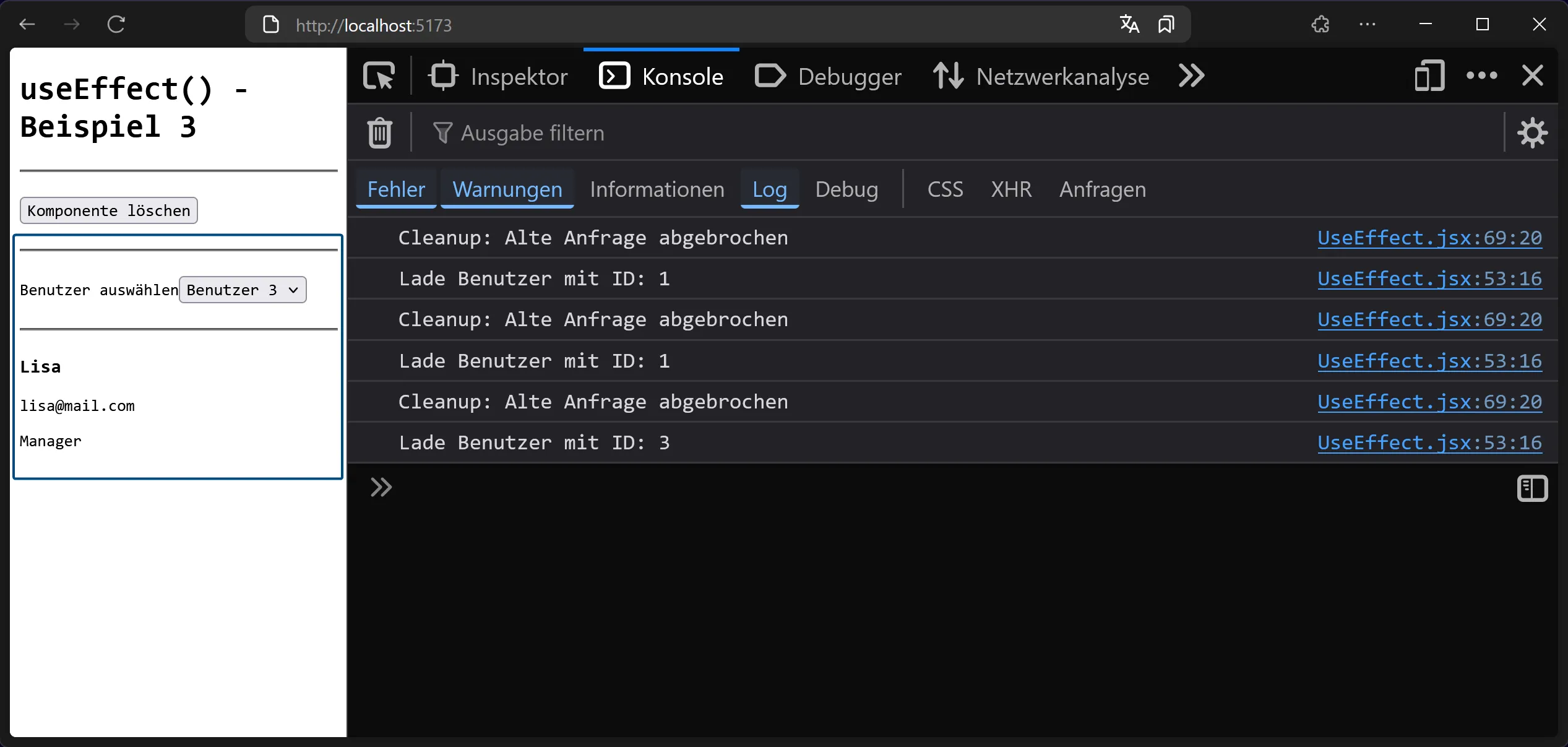 React Hooks - useEffect - Beispiel - Verwendung mit Abhängigkeit 2