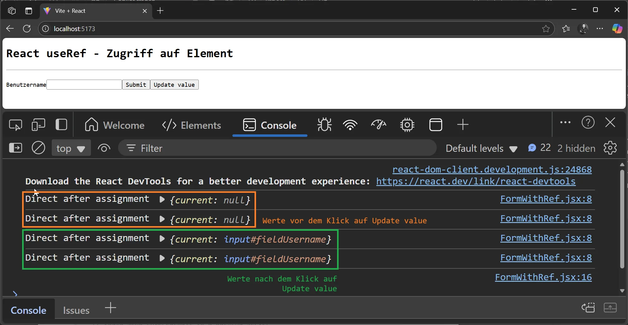 React useRef() - Referenz nach der zweiten Ausführung der Component Funktion