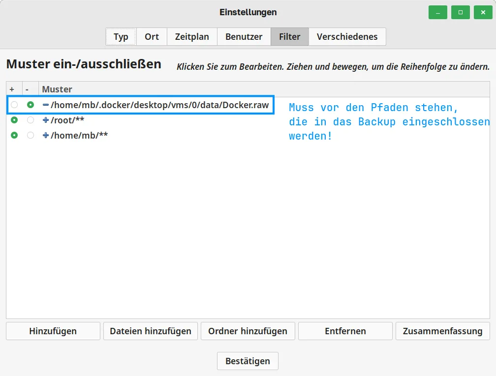 Timeshift - Docker.raw ausschließen