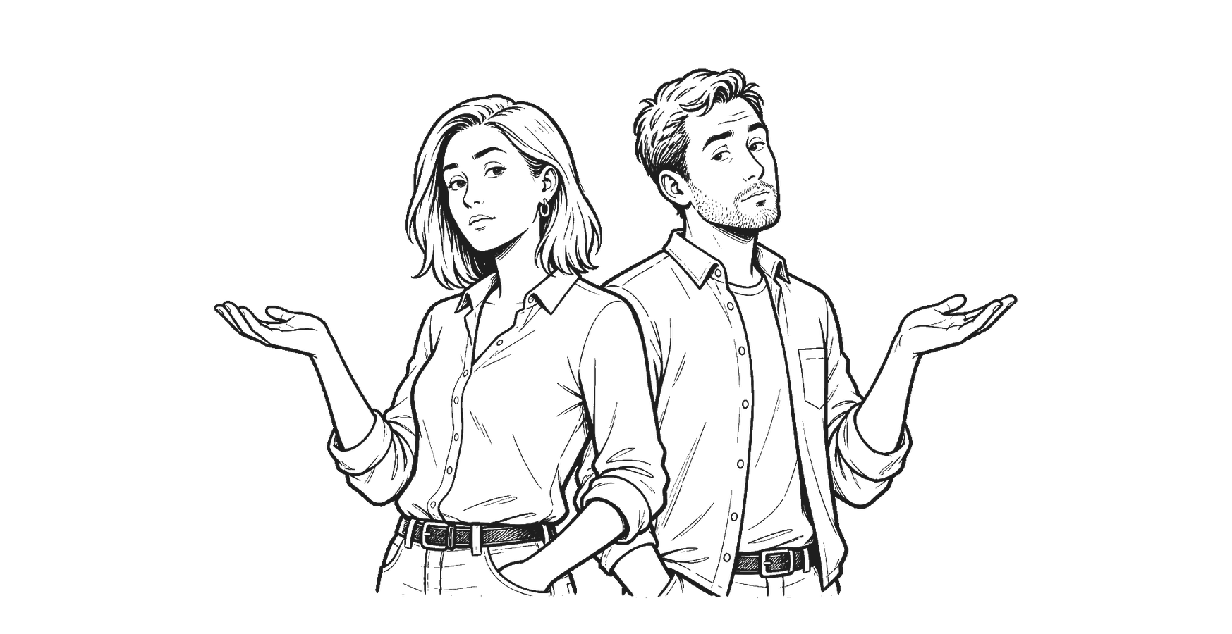 Monochrome Gel-Pen-Zeichnung einer Frau und eines Mannes bis zum Gürtel, beide mit fragend gehobener Hand.