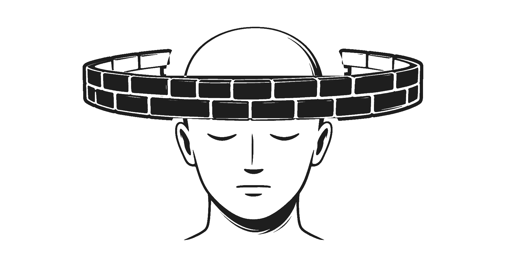 Monochrome Gel-Pen-Zeichnung eines Kopfes mit geschlossenen Augen und einer schwebenden Steinmauer auf Stirnhöhe.
