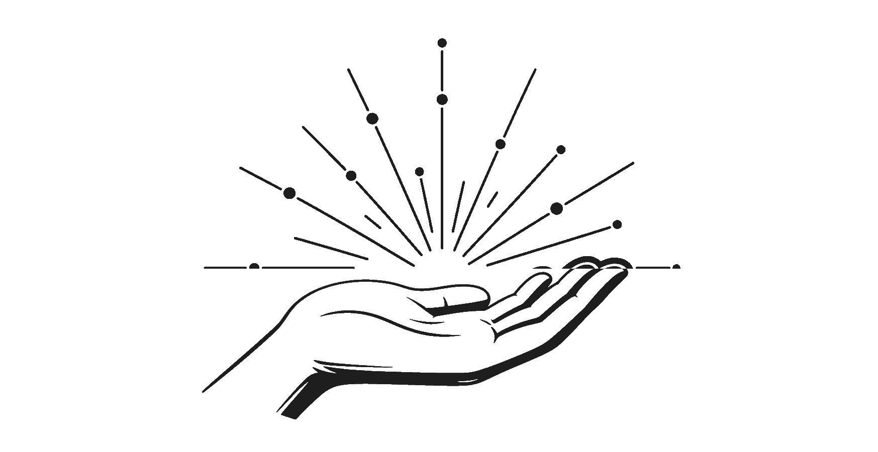 Monochrome Gel-Pen-Zeichnung einer geöffneten Hand, aus der dünne Strahlen mit kleinen Punkten in verschiedene Richtungen gehen.