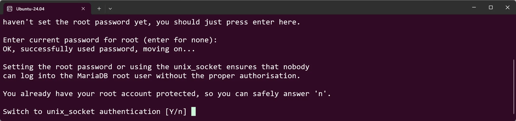 WSL Ubuntu - MariaDB Secure Installation - Frage 2