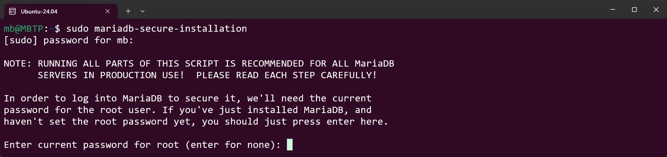 WSL Ubuntu - MariaDB Secure Installation - Start