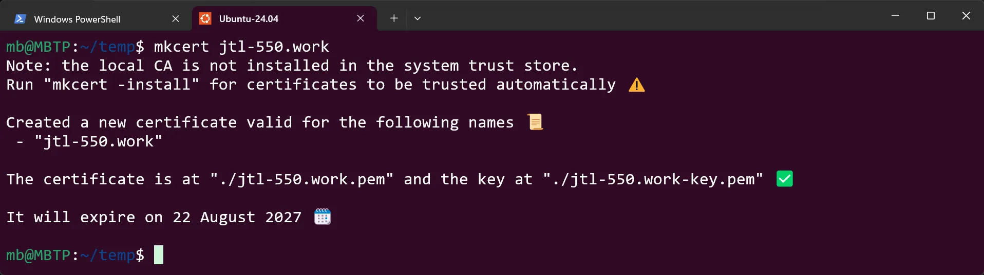WSL Ubuntu - Lokales Zertifikat erstellt