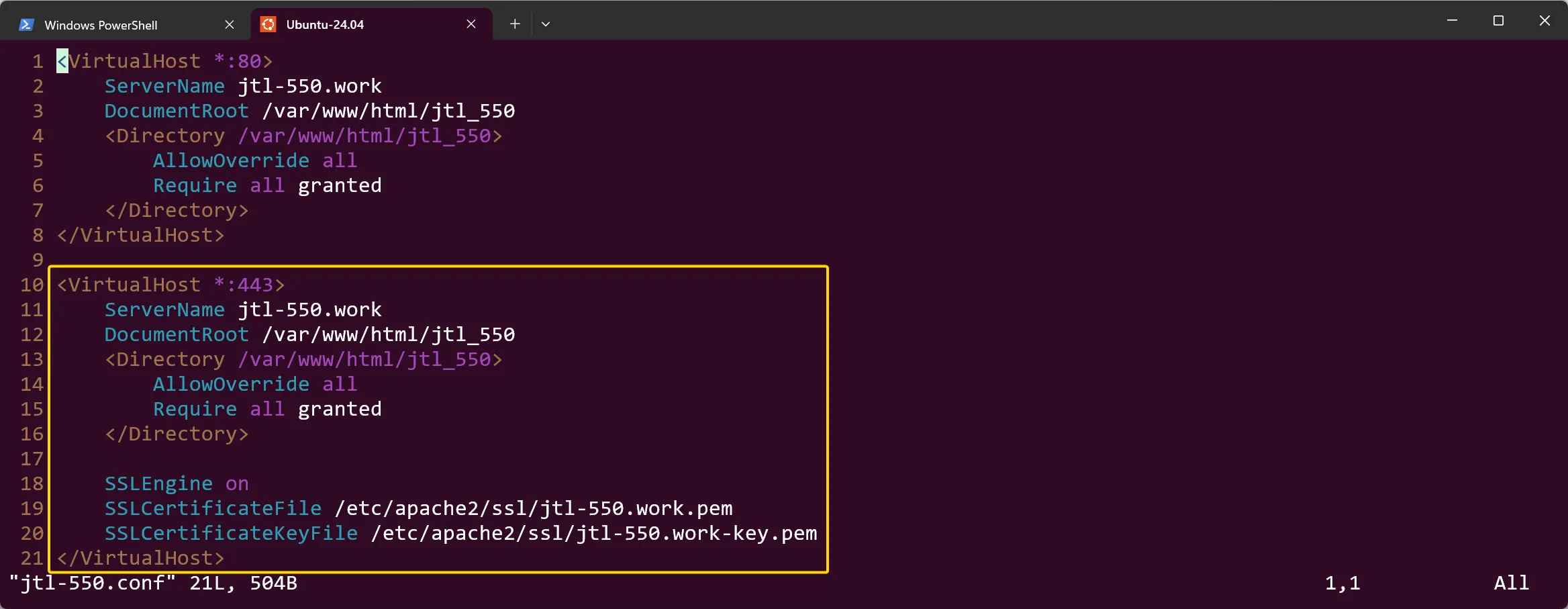 WSL Ubuntu - VirtualHost Konfiguration mi SSL