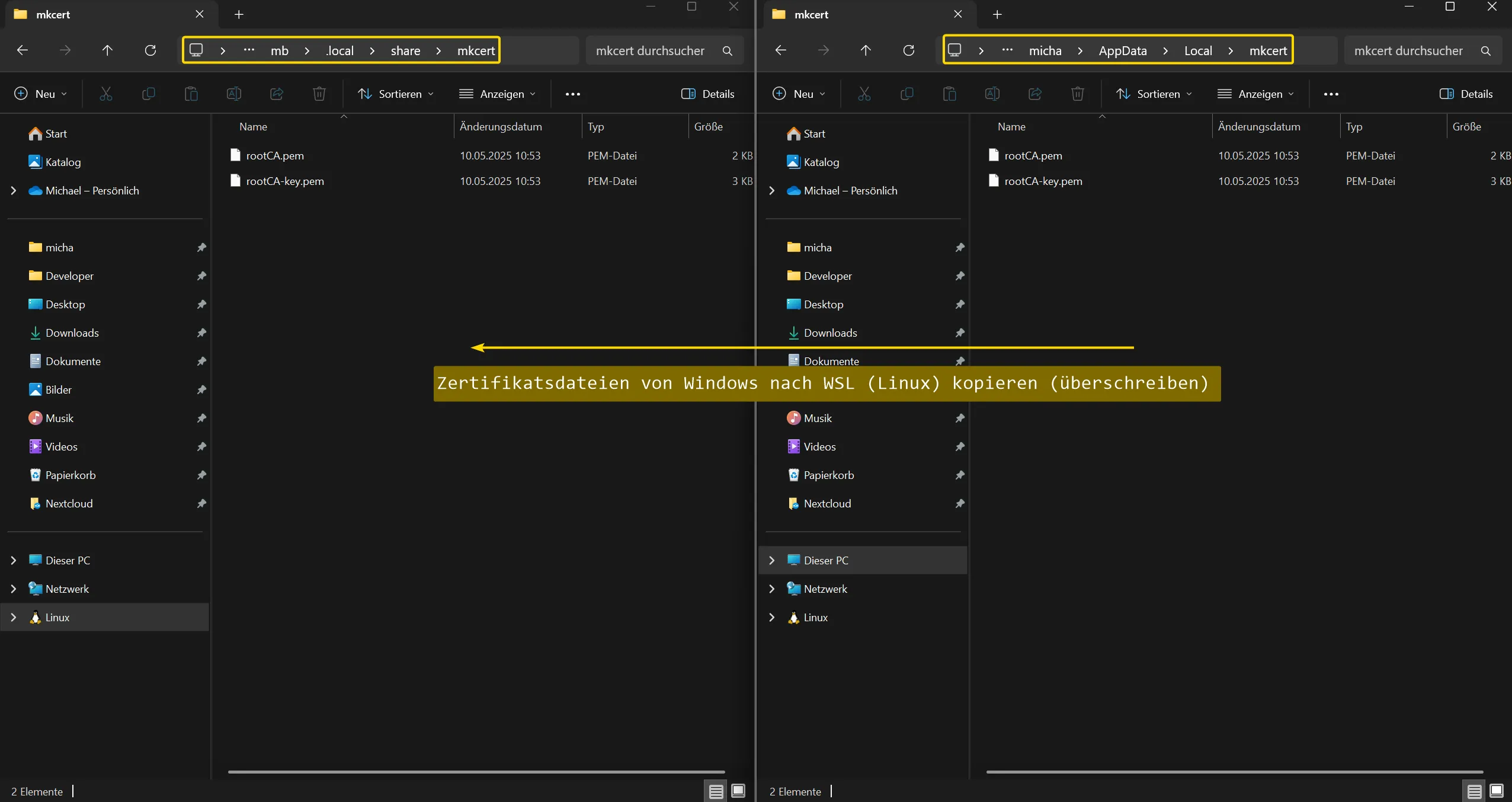 WSL Ubuntu - mkcert - Zertifikate vereinheitlichen