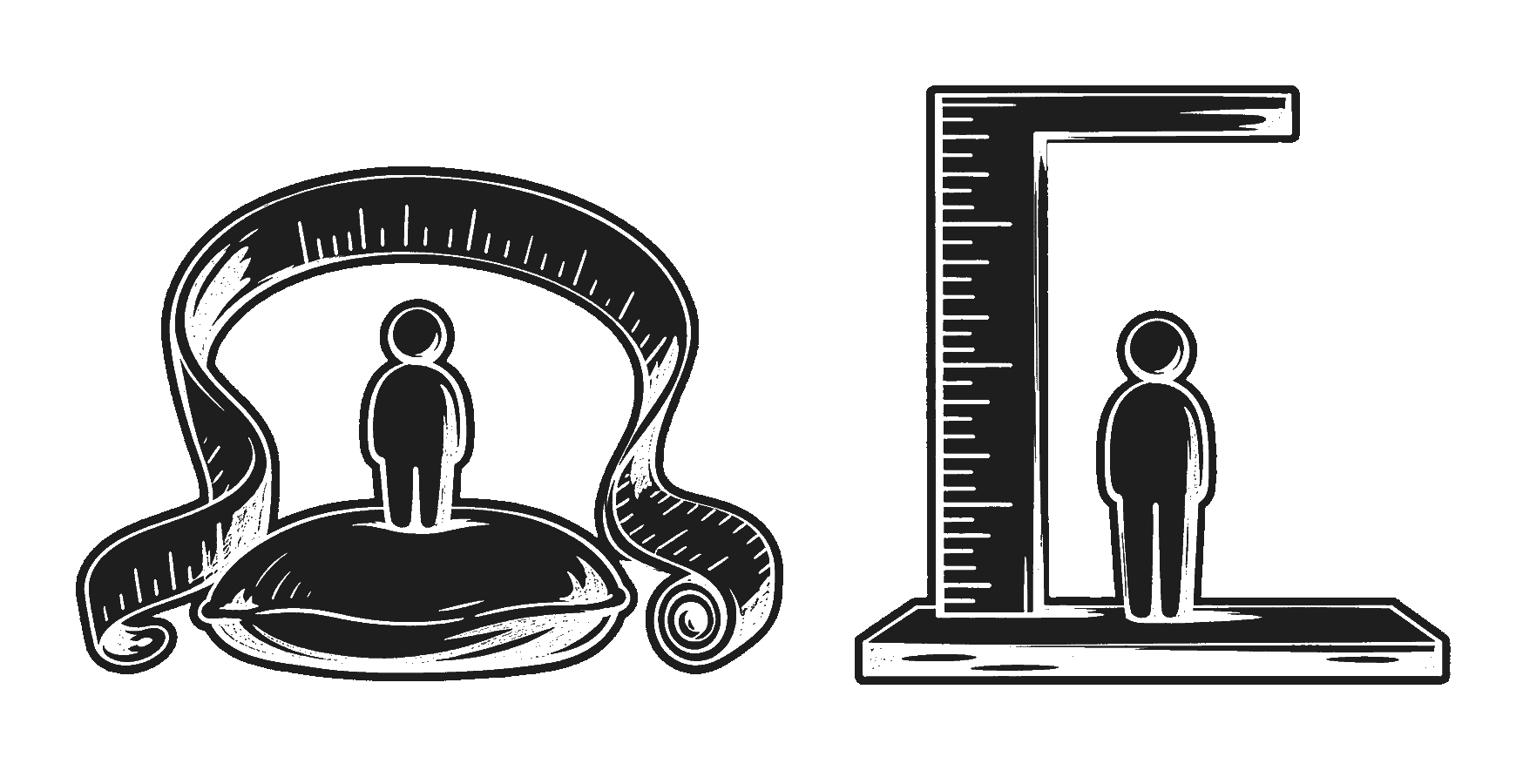 Monochrome Gel-Pen-Zeichnung zweier Maßstäbe: links ein weiches Maßband mit gepolstertem Selbstbild, rechts ein strenger Winkelmaßstab.
